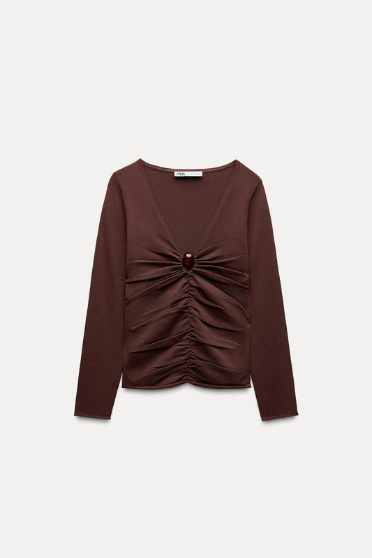 Gathered Knit - Red Brown - Knit Top